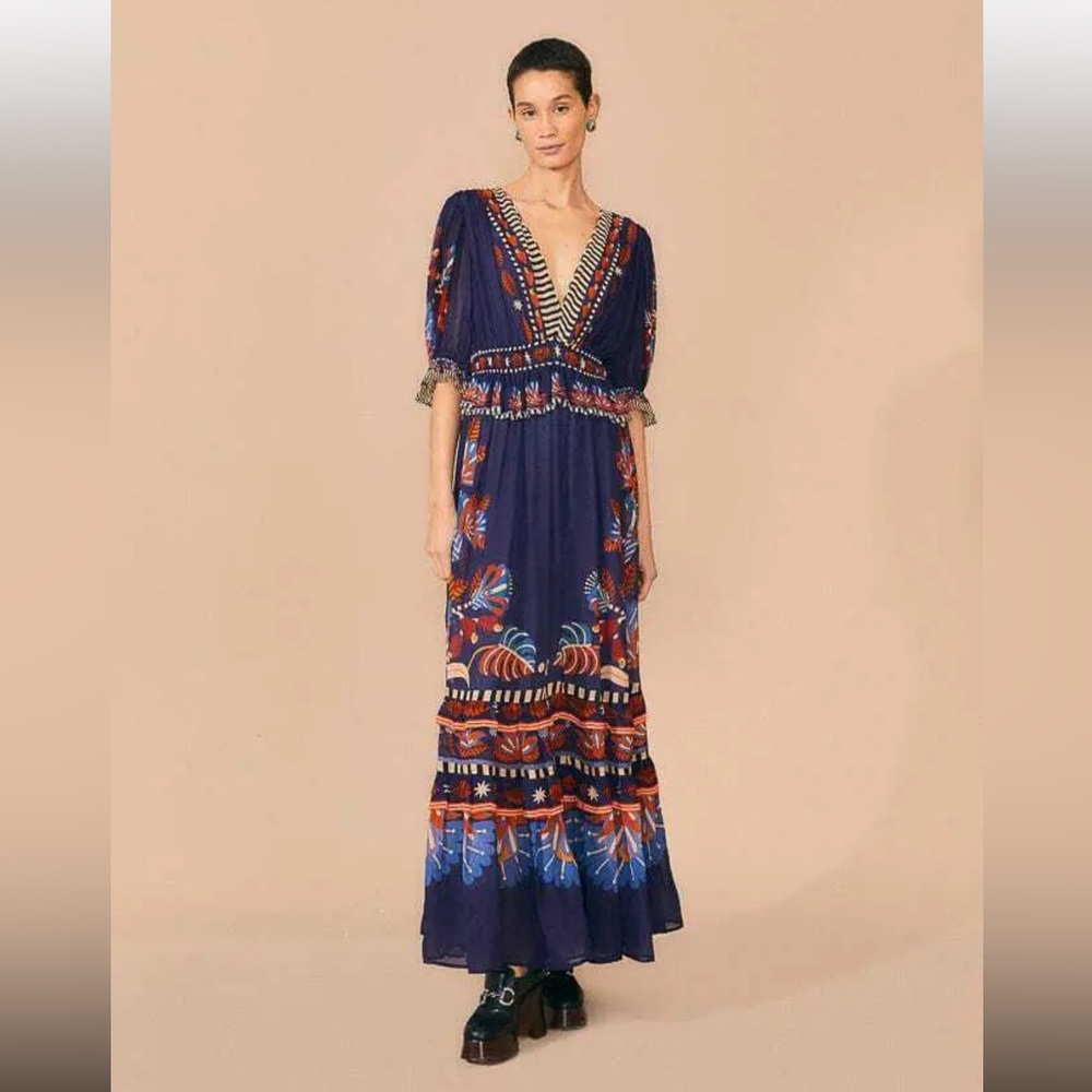 NWT Farm Rio Nature Beauty Blue short sleeve maxi dress